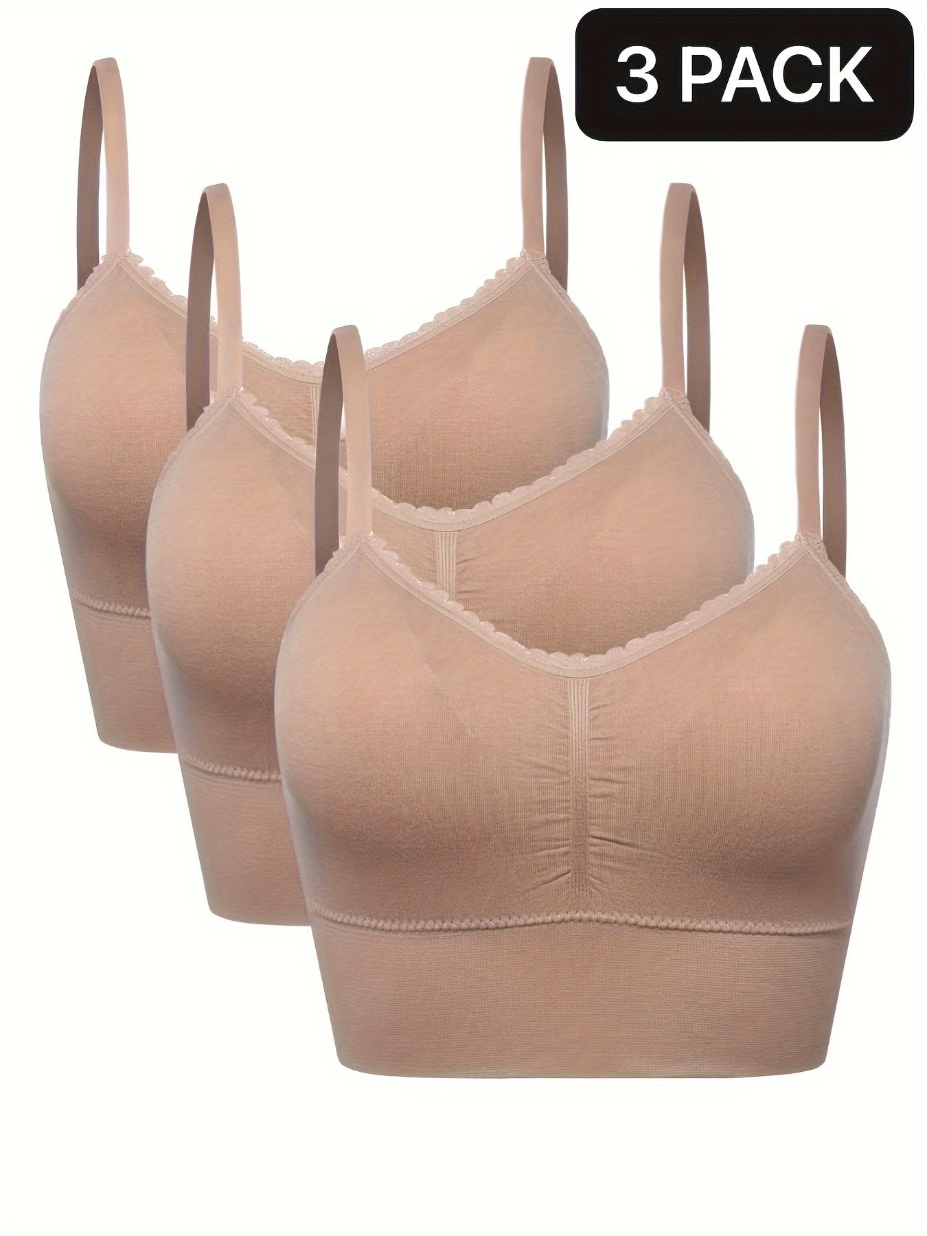 3pcs Women's Plus Size Seamless High-Elasticity Bras - Wire-Free Comfort with Removable Pads & Lace Trim, Soft Stretch Fabric for Casual Attire (Light Pink, Black, Grey), Comfortable Undergarments, Elegant Bra Design, Smooth