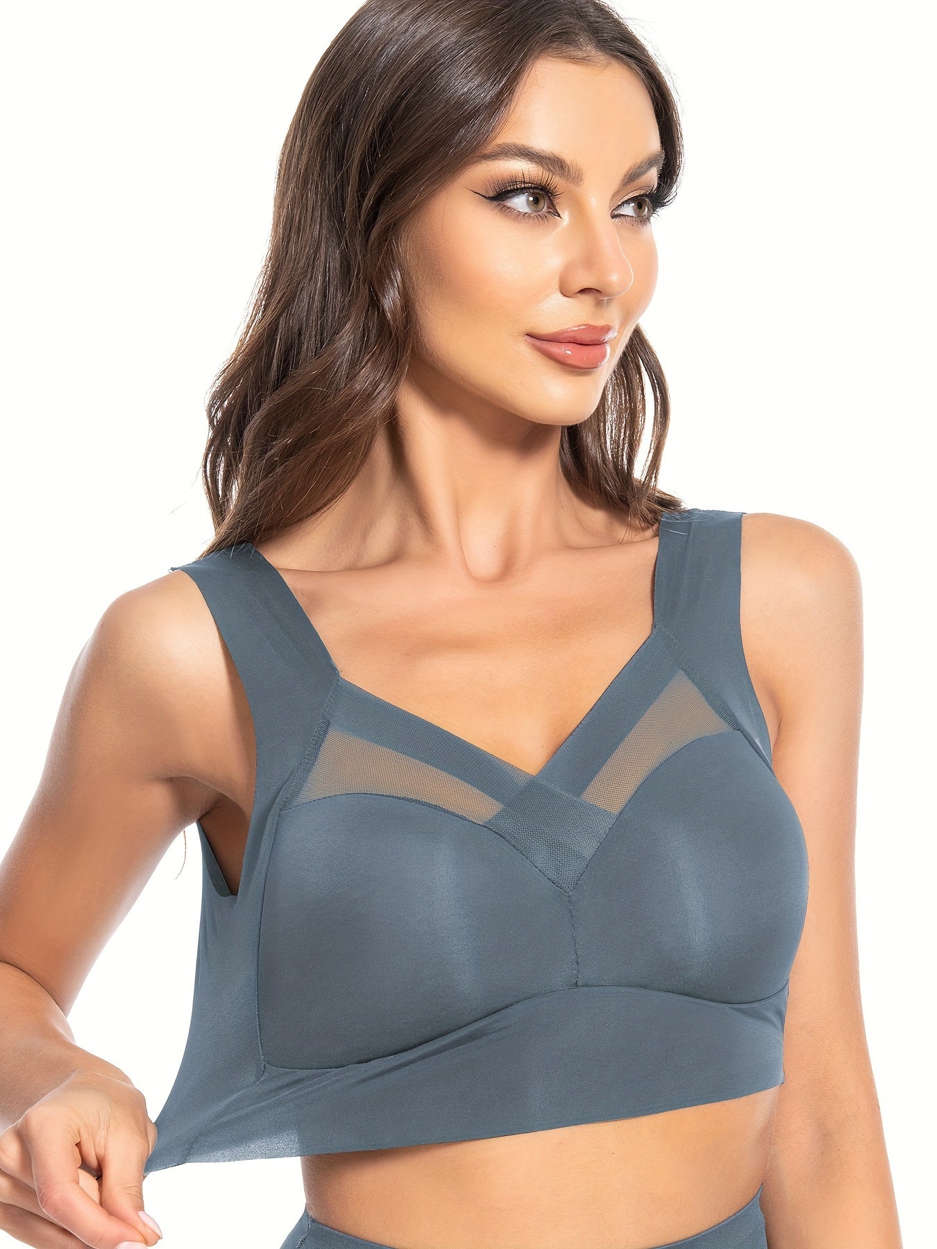 5-Piece Set of Wireless Mesh Contrast Sports Bras - High Elasticity, Push-up, Supportive, Thin Molded Cups for Yoga and Fitness - Breathable, Sweat-Wicking, Comfortable, and Adjustable Straps