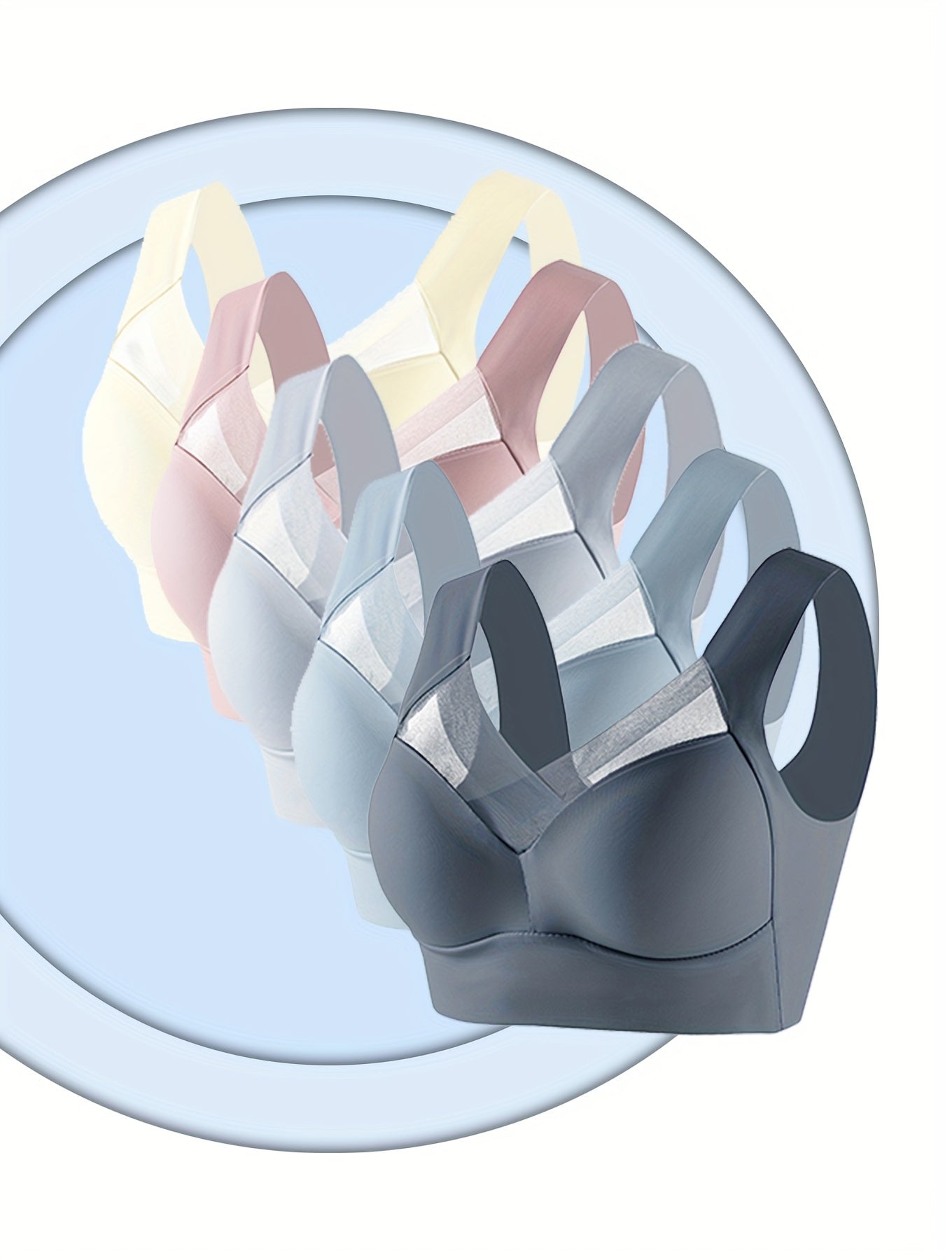 5-Piece Set of Wireless Mesh Contrast Sports Bras - High Elasticity, Push-up, Supportive, Thin Molded Cups for Yoga and Fitness - Breathable, Sweat-Wicking, Comfortable, and Adjustable Straps