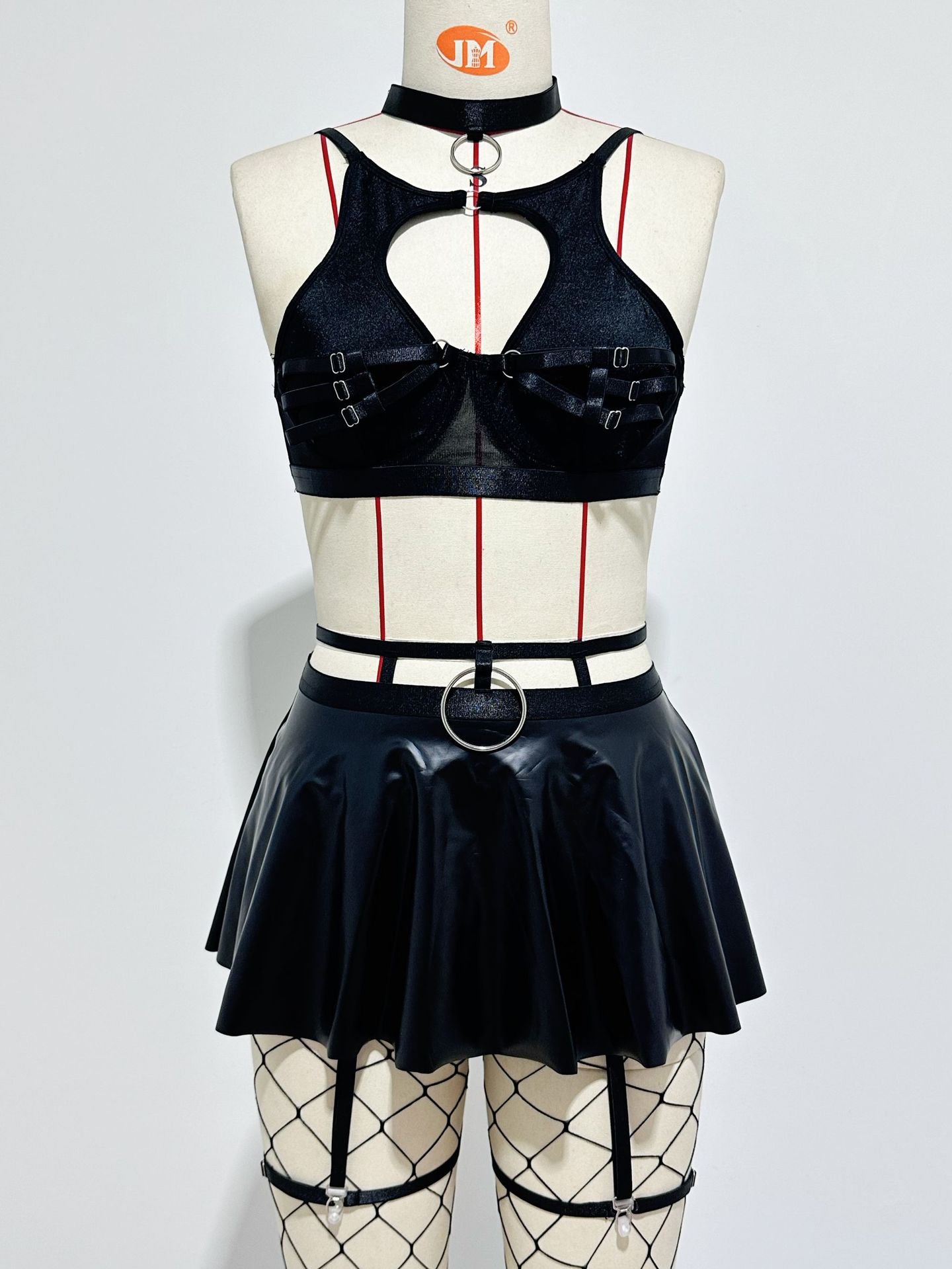 Lace Sexy Lingerie Set Bra Set Solid Color Leather Skirt with Fishnet Stockings Women's