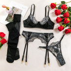 Heavy Embroidery Sexy Hollow-out Transparent Splicing Lingerie Set with Stockings for Women