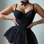 Retro Pure Temptation Sexy Deep V-Neck Lace Trim One-Piece Dress Lingerie