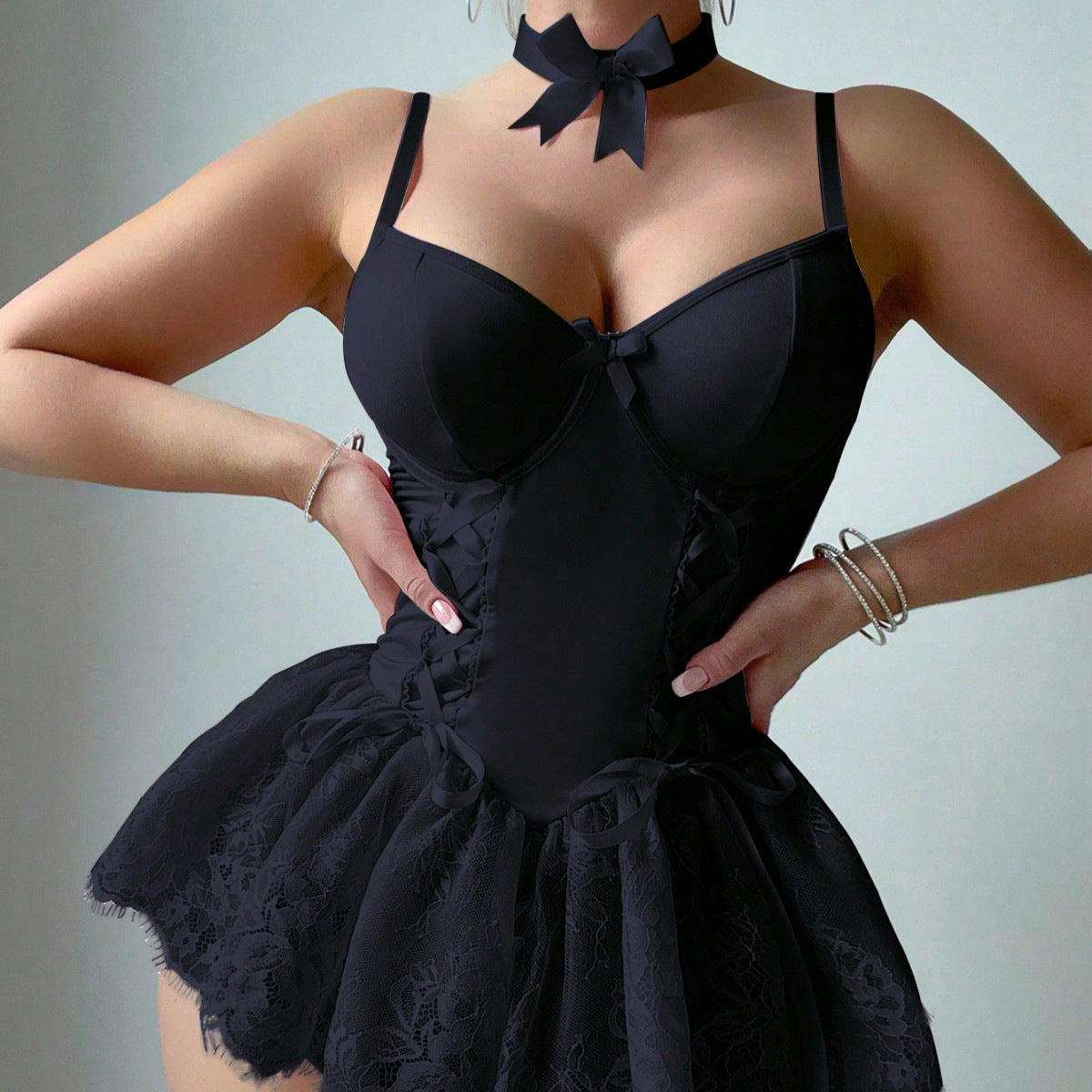 Retro Pure Temptation Sexy Deep V-Neck Lace Trim One-Piece Dress Lingerie