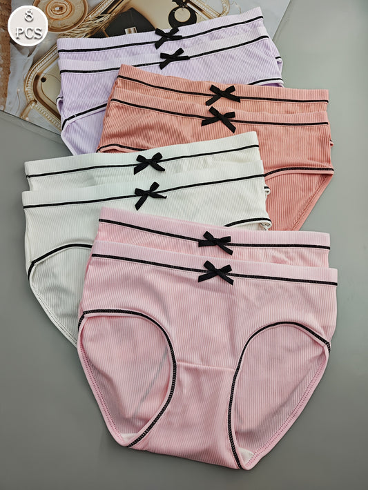 8-Pack Sexy Low-Rise Women'S Panties with Bow Detail, Breathable Knit Polyester Underwear, Low Support Solid Color Briefs