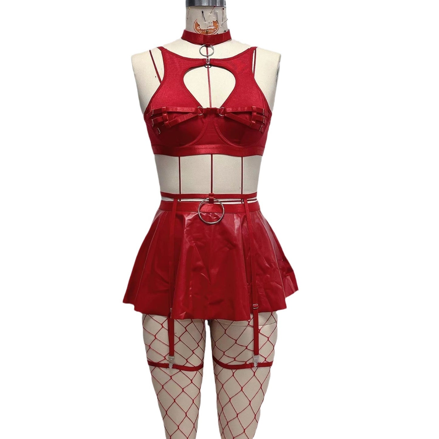 Lace Erotic Lingerie Set Sexy Bra Set Solid Color Leather