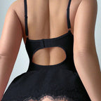 Retro Pure Temptation Sexy Deep V-Neck Lace Trim One-Piece Dress Lingerie