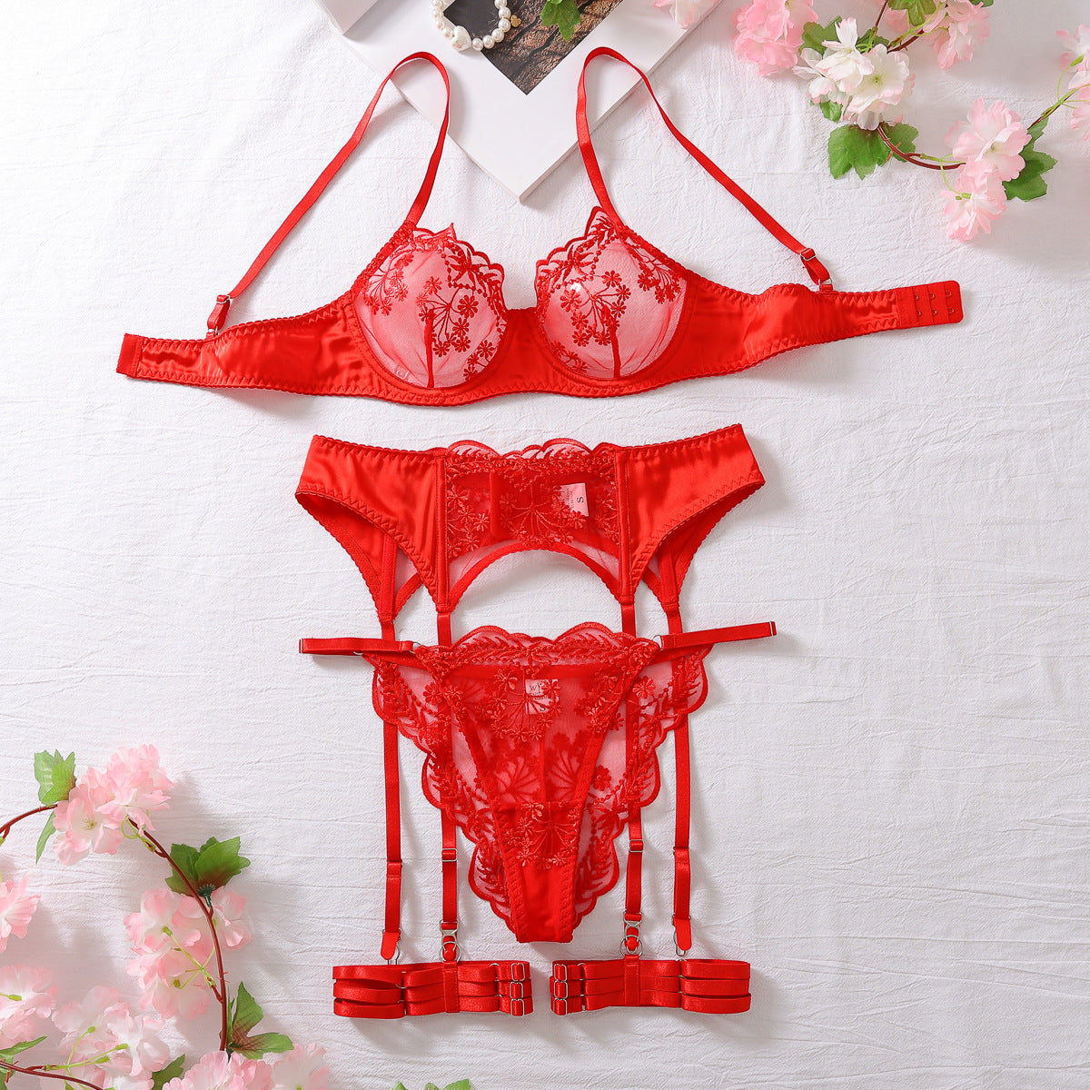 Embroidered splicing sexy shaping lingerie four piece set