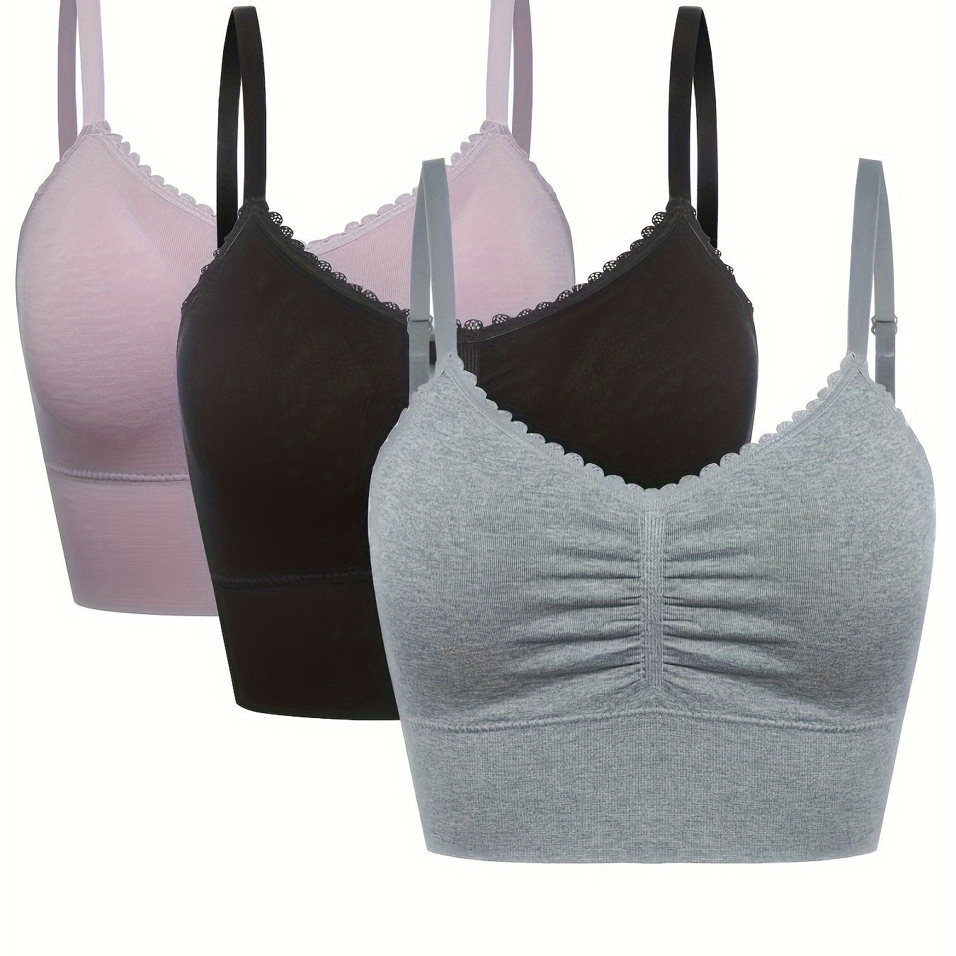 3pcs Women's Plus Size Seamless High-Elasticity Bras - Wire-Free Comfort with Removable Pads & Lace Trim, Soft Stretch Fabric for Casual Attire (Light Pink, Black, Grey), Comfortable Undergarments, Elegant Bra Design, Smooth