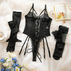 Purple Erotic Lingerie Bodysuit with Lace Trim and Transparent Nightwear Set with Gloves and Stockings