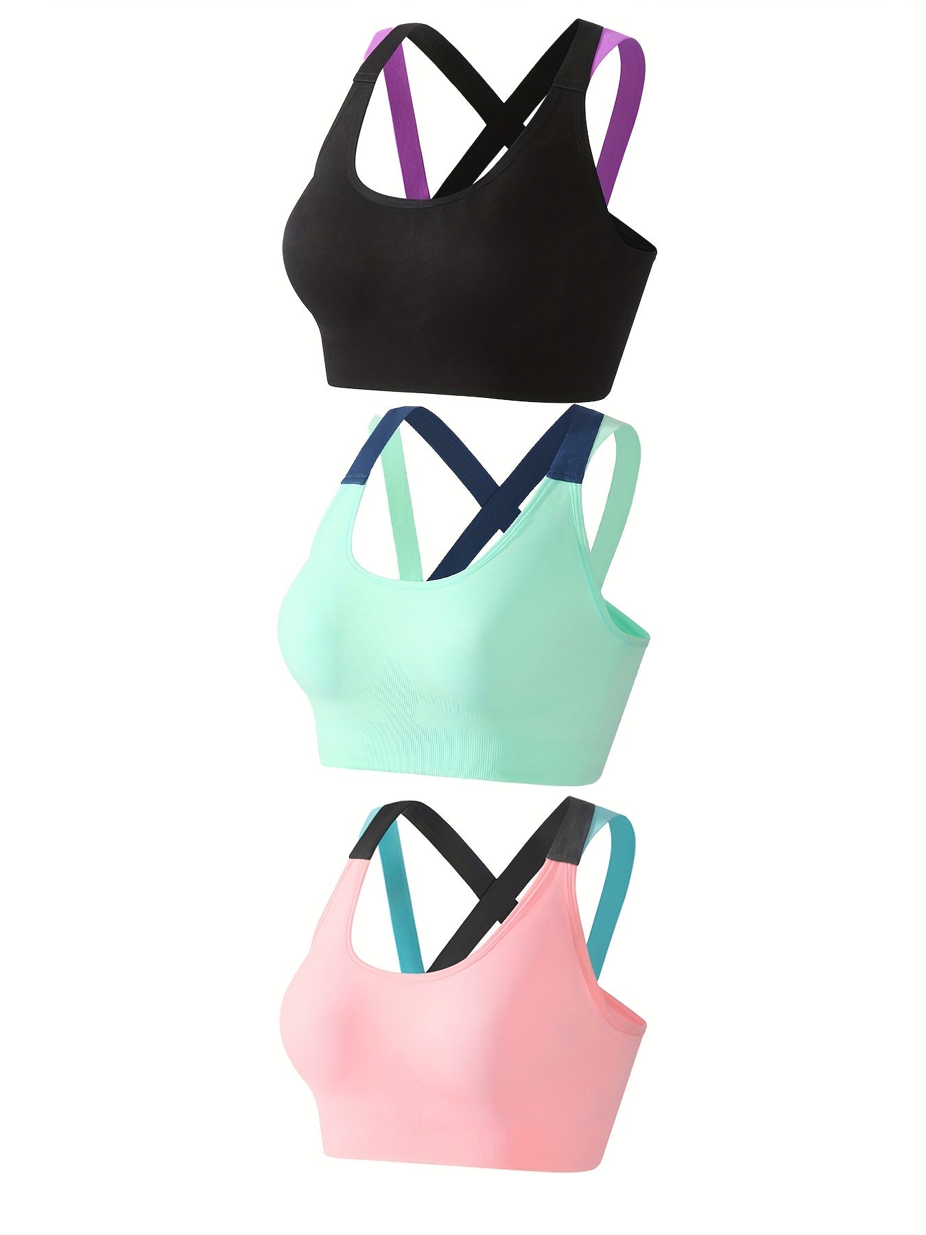 [Criss Cross Back Sports Bra] 3pcs Comfy Criss Cross Back Sports Bras - Breathable Colorblock Running Workout Bra for Women