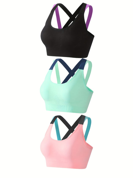 [Criss Cross Back Sports Bra] 3pcs Comfy Criss Cross Back Sports Bras - Breathable Colorblock Running Workout Bra for Women