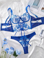 Sexy Mesh Embroidered Floral Cross-Tie Lingerie Set for Women
