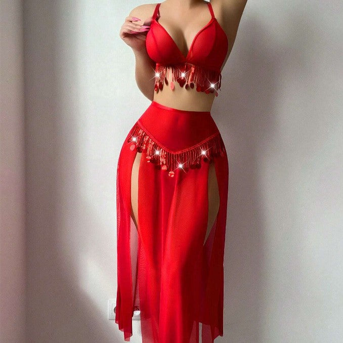 Hollow metal chain red sexy lingerie set for women
