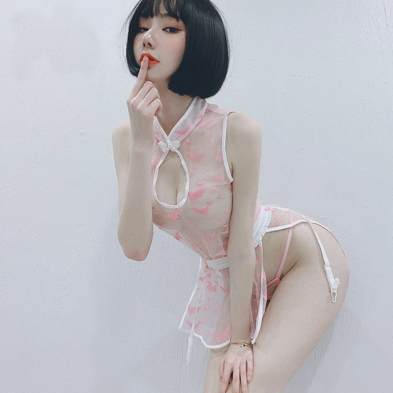 Sexy Cheongsam Hollow Peach Lace Cheongsam Sexy Lingerie Suit Uniform Temptation See-Through Short Yarn Pajamas