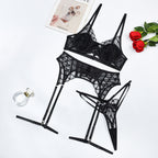 Splicing lingerie set with sexy hollow out style four piece set
