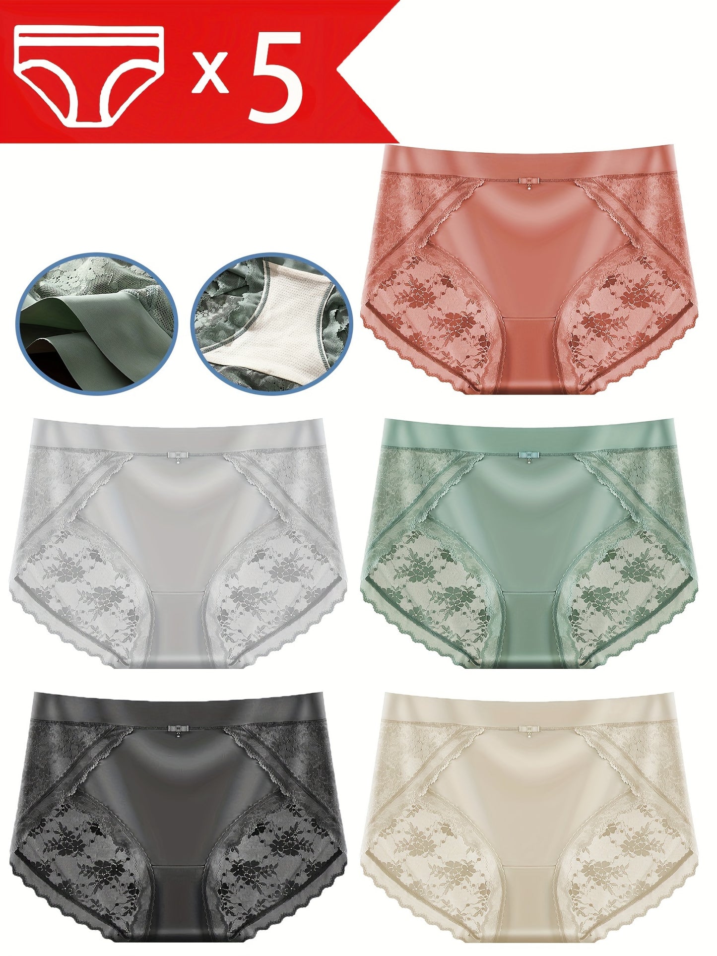 5 Pcs Lace Sexy Breathable Women's Panties, Comfortable Jacquard Lingerie for Everyday Wear