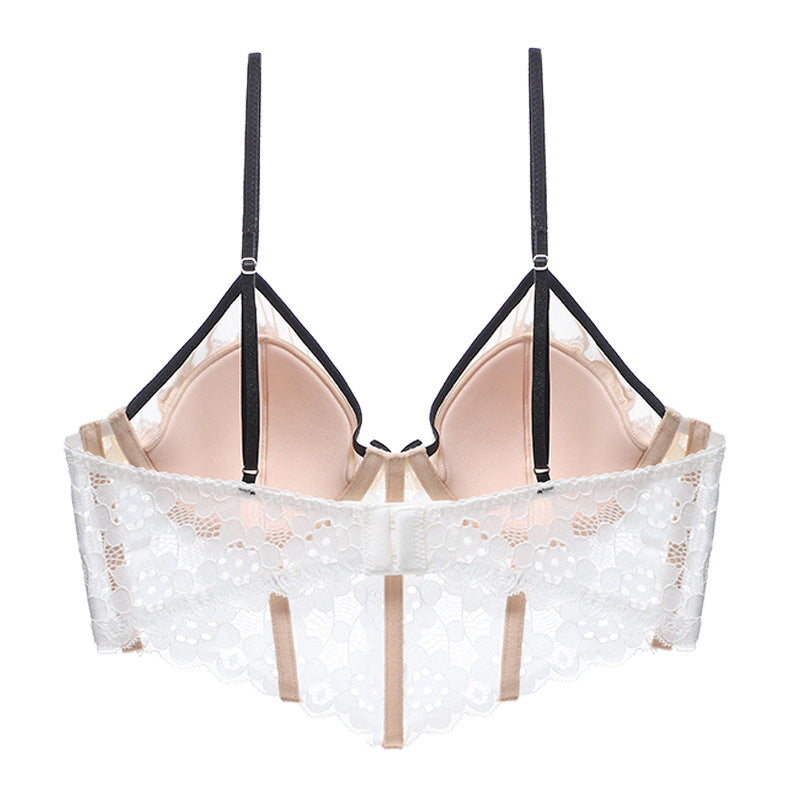 New European and American Sexy Lingerie Thin Cup Camisole Corset Gathering Crochet Lace Long Bra Set