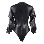 ohyeah Lady Sexy Black Bodysuit Deep V-neck Long Sleeve Lace Erotic Lingerie Women Large Size Solid Babydoll Lingerie 80605