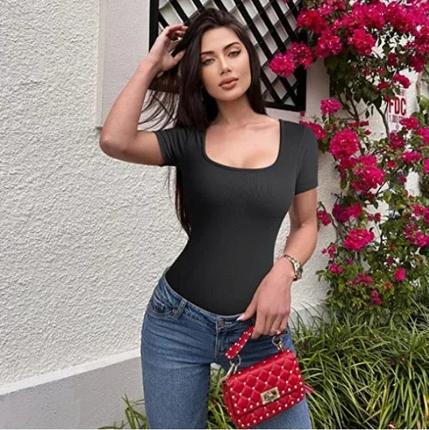 Women's Bodysuits Sexy Ribbed One Piece Square Neck Short Sleeve Bodysuits sexy bodysuit lingerie bodysuit