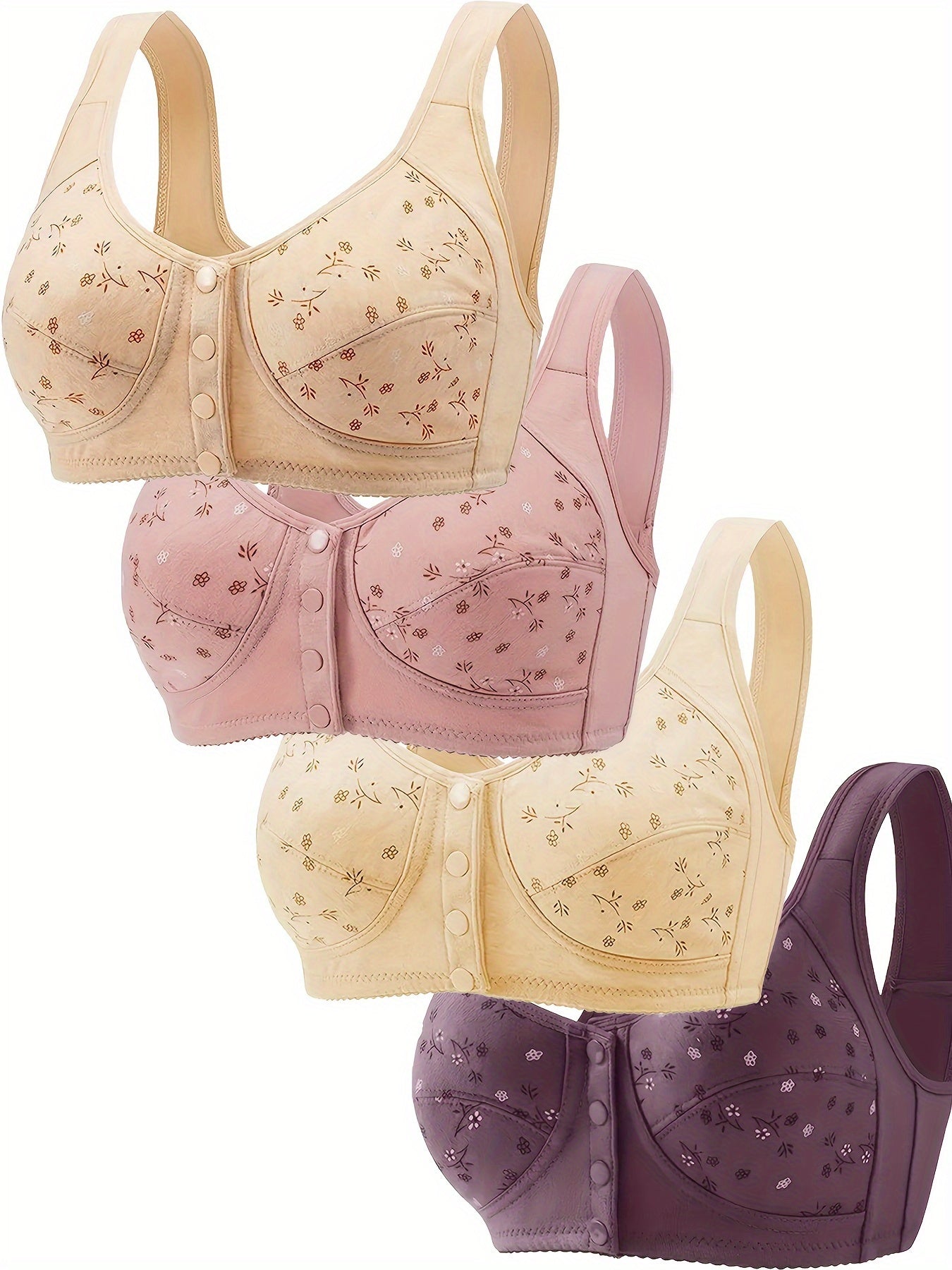 4pcs Floral Pattern Wireless Bras, Comfy & Breathable Button Front Intimates Bra, Women's Lingerie & Underwear