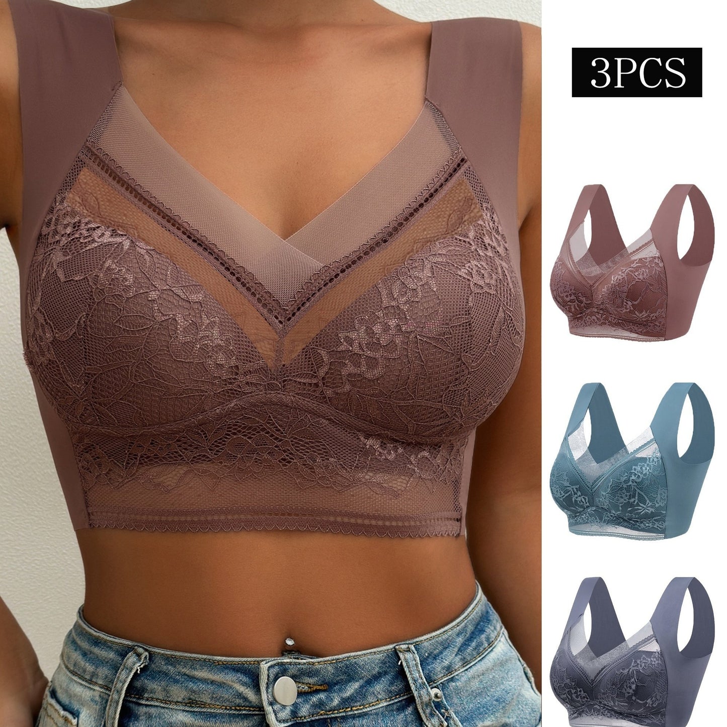 3pcs Comfy Contrast Lace Wireless Bras, Push Up & Breathable Women's Lingerie & Underwear