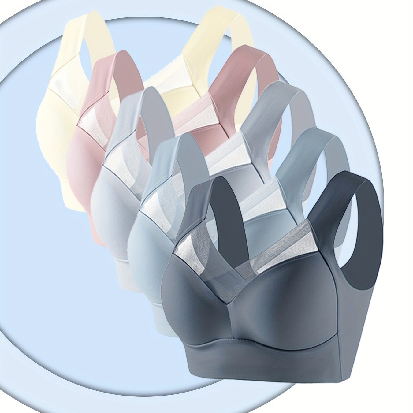 5-Piece Set of Wireless Mesh Contrast Sports Bras - High Elasticity, Push-up, Supportive, Thin Molded Cups for Yoga and Fitness - Breathable, Sweat-Wicking, Comfortable, and Adjustable Straps