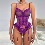 Purple Erotic Lingerie Set - Sexy Lace Pure Desire Hollow-out Open-crotch Panties Transparent Suit