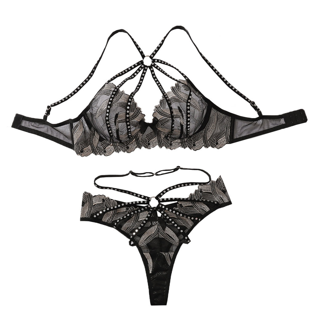 Lace embroidery gathered hollow perspective lingerie underwear set with steel ring