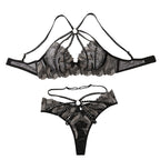 Lace embroidery gathered hollow perspective lingerie underwear set with steel ring