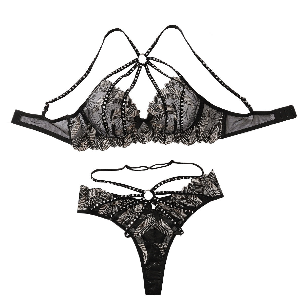 Lace embroidery gathered hollow perspective lingerie underwear set with steel ring