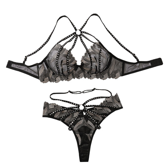 Lace embroidery gathered hollow perspective lingerie underwear set with steel ring
