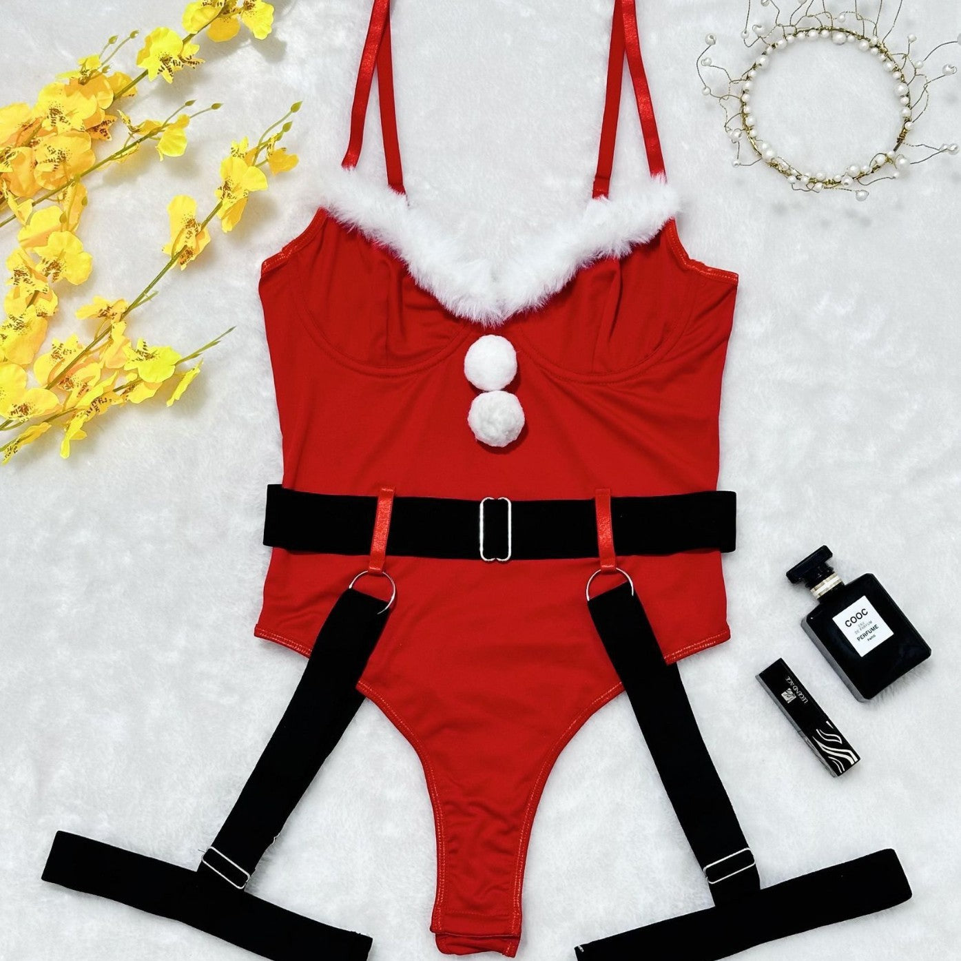Christmas style plush spliced sexy tight red jumpsuit lingerie set