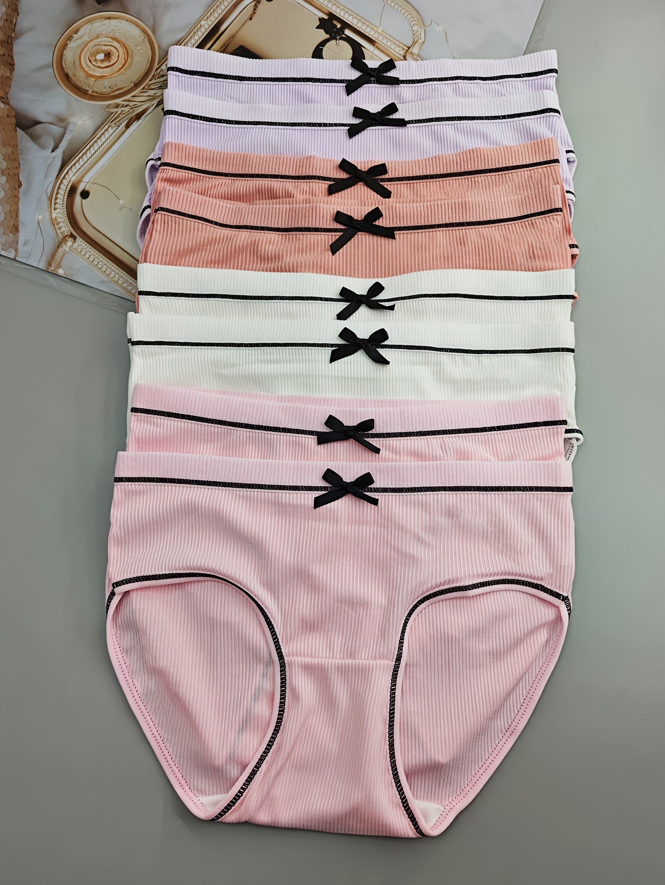 8-Pack Sexy Low-Rise Women'S Panties with Bow Detail, Breathable Knit Polyester Underwear, Low Support Solid Color Briefs