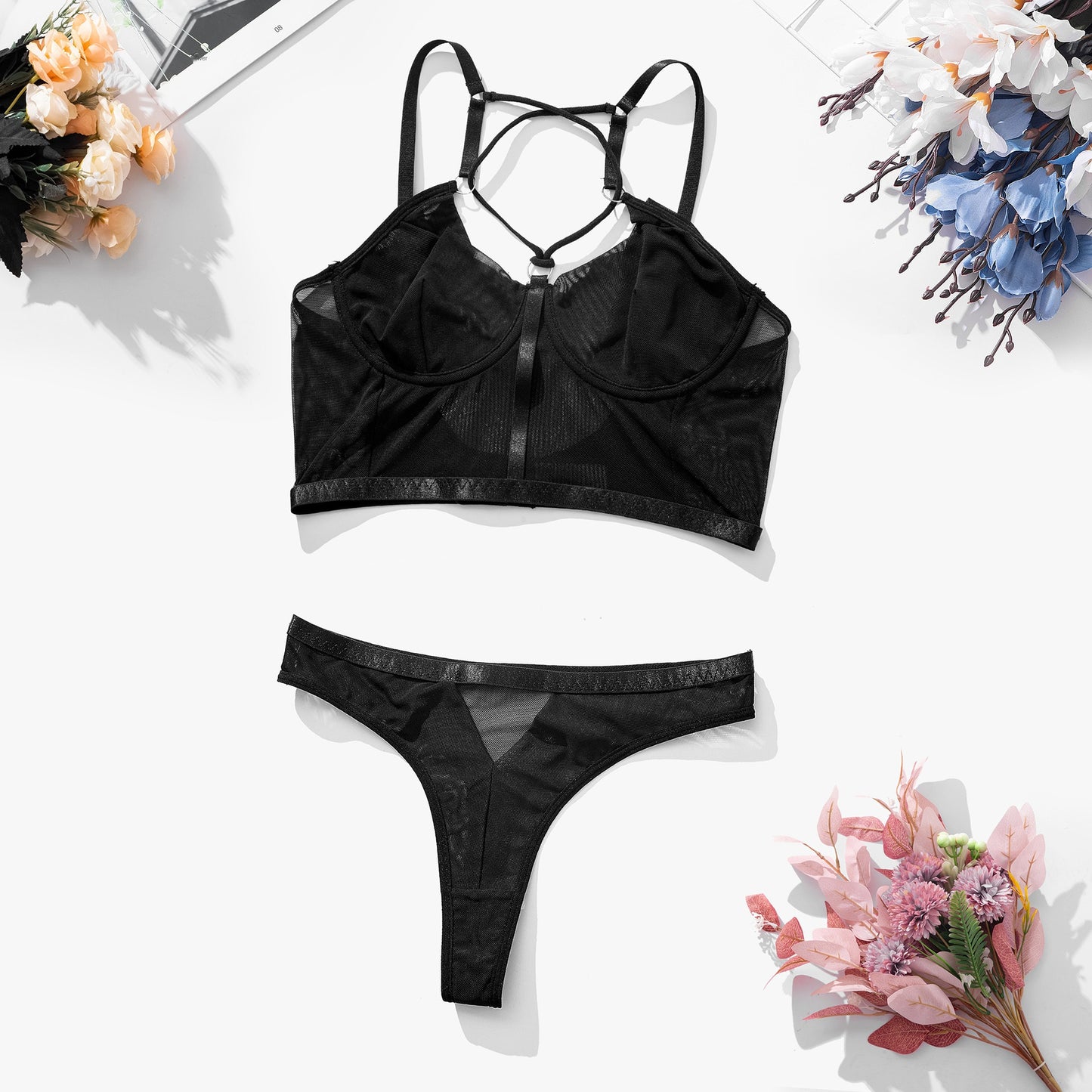 Black mesh see through bra lingerie women's sexy set