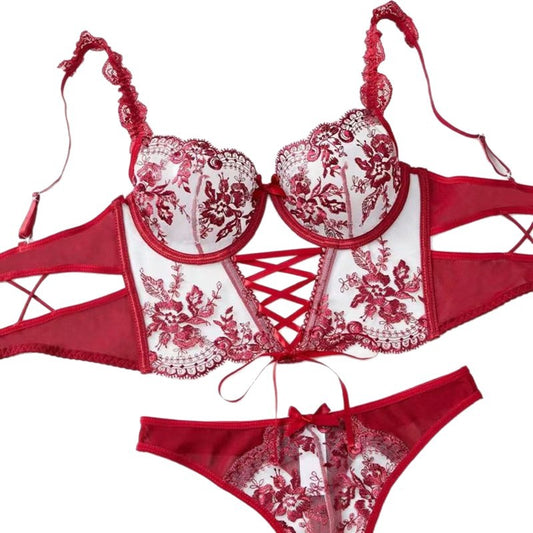 Sexy Mesh Embroidered Floral Cross-Tie Lingerie Set for Women
