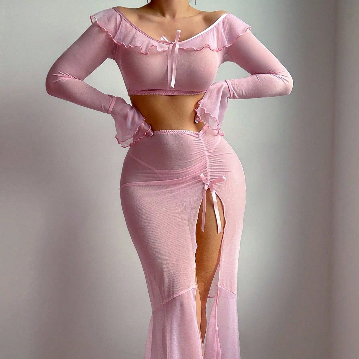 Sexy lingerie mesh seductive long sleeved bra sexy slimming set