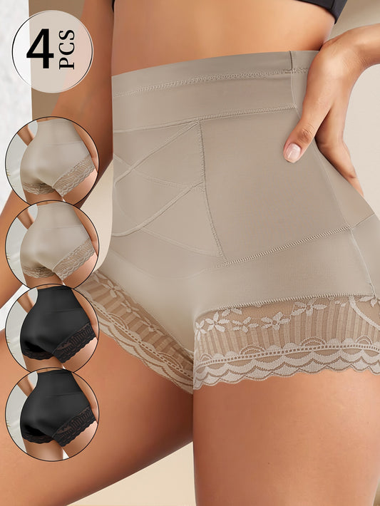 QUASTI 4-Pack High Waisted Women'S Panties, Breathable Knit with Lace Trim, Mid-Level Support, Striped Pattern, Romantic Style, Tummy Tuck Waist Shaping Underwear