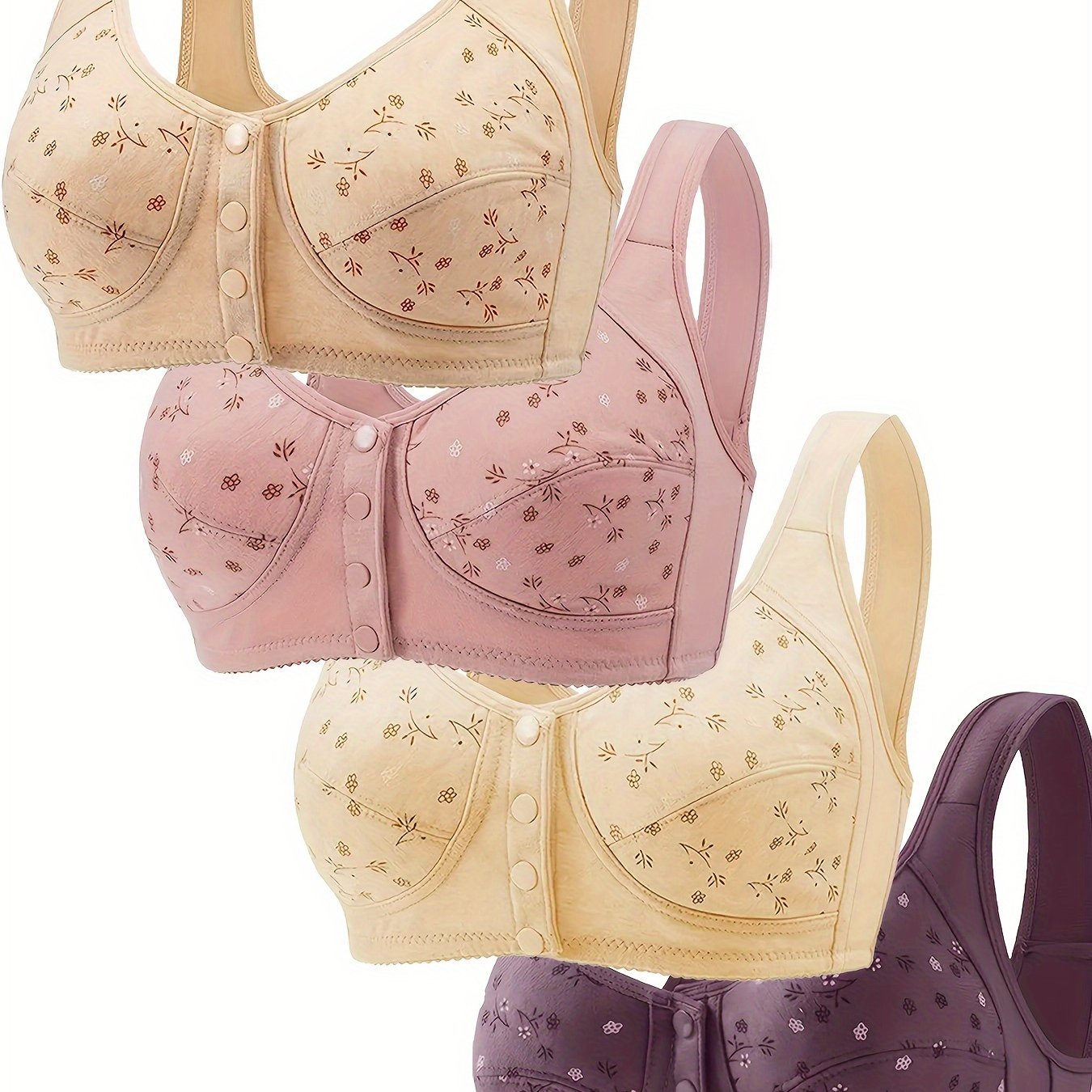 4pcs Floral Pattern Wireless Bras, Comfy & Breathable Button Front Intimates Bra, Women's Lingerie & Underwear