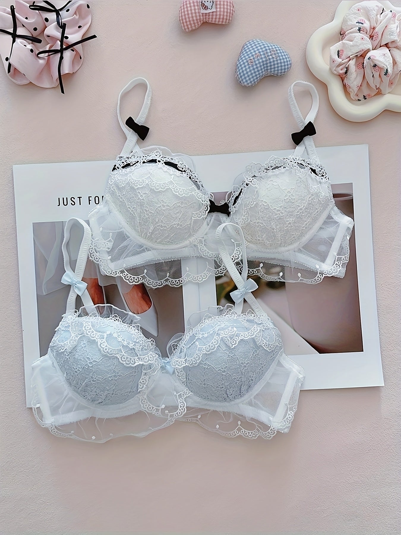 2pcs Pure Desire Contrast Lace Bow Bra for Women, Sexy Mesh Splicing Wire-Free Comfortable Soft Underwear, Bra And Panty Sets for Women, No Underwear Bra Clip Front, Seamless Bras, Sports Bras for Women Padded, Minimiser Bras