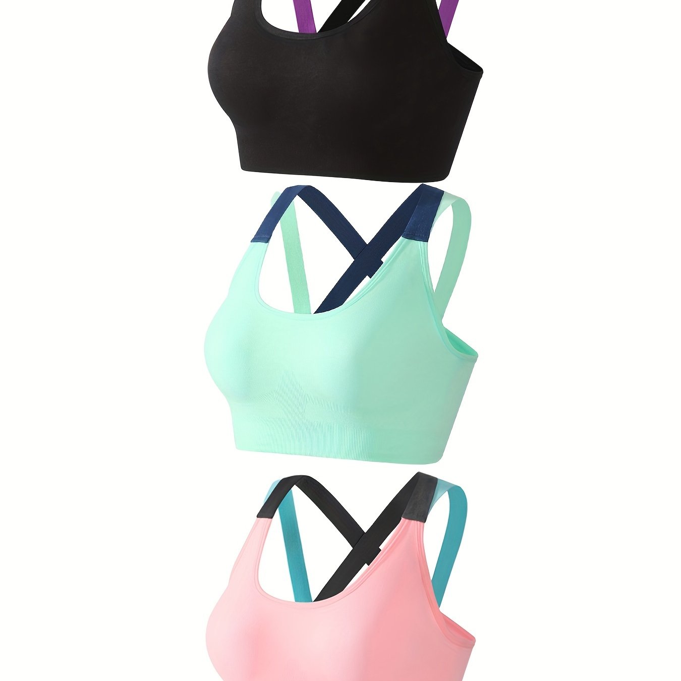 [Criss Cross Back Sports Bra] 3pcs Comfy Criss Cross Back Sports Bras - Breathable Colorblock Running Workout Bra for Women