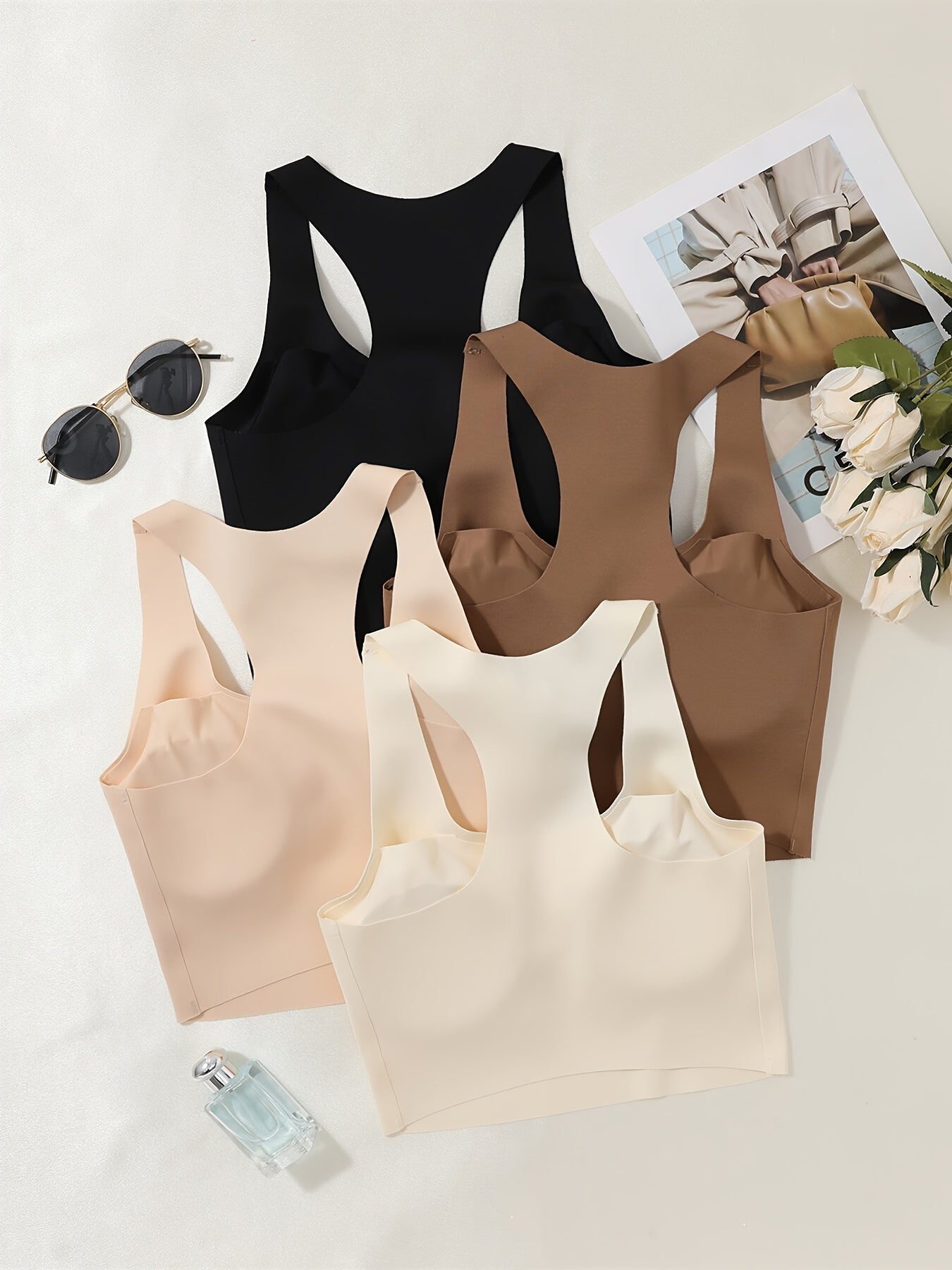 4pcs Women’s Seamless Sports Bras with Removable Pads - Soft Stretch Workout Tops for Gym, Yoga & Casual Wear - 4 Colors (Black, Dark Grey, Beige, Light Pink)