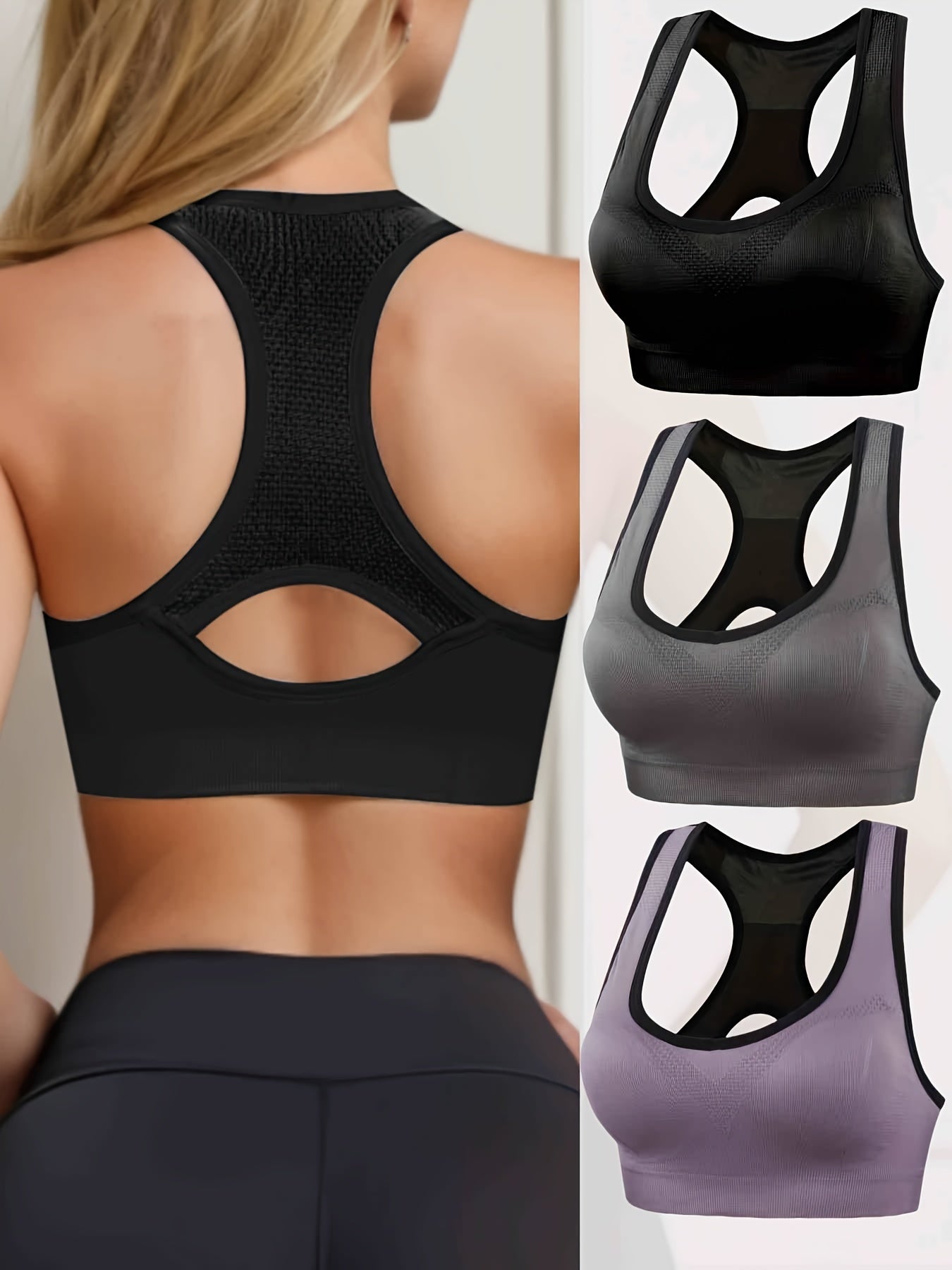Zimi Collection 3pcs Women's Seamless Sports Bras - Comfortable, Shockproof, Backless Design for Everyday Fitness
