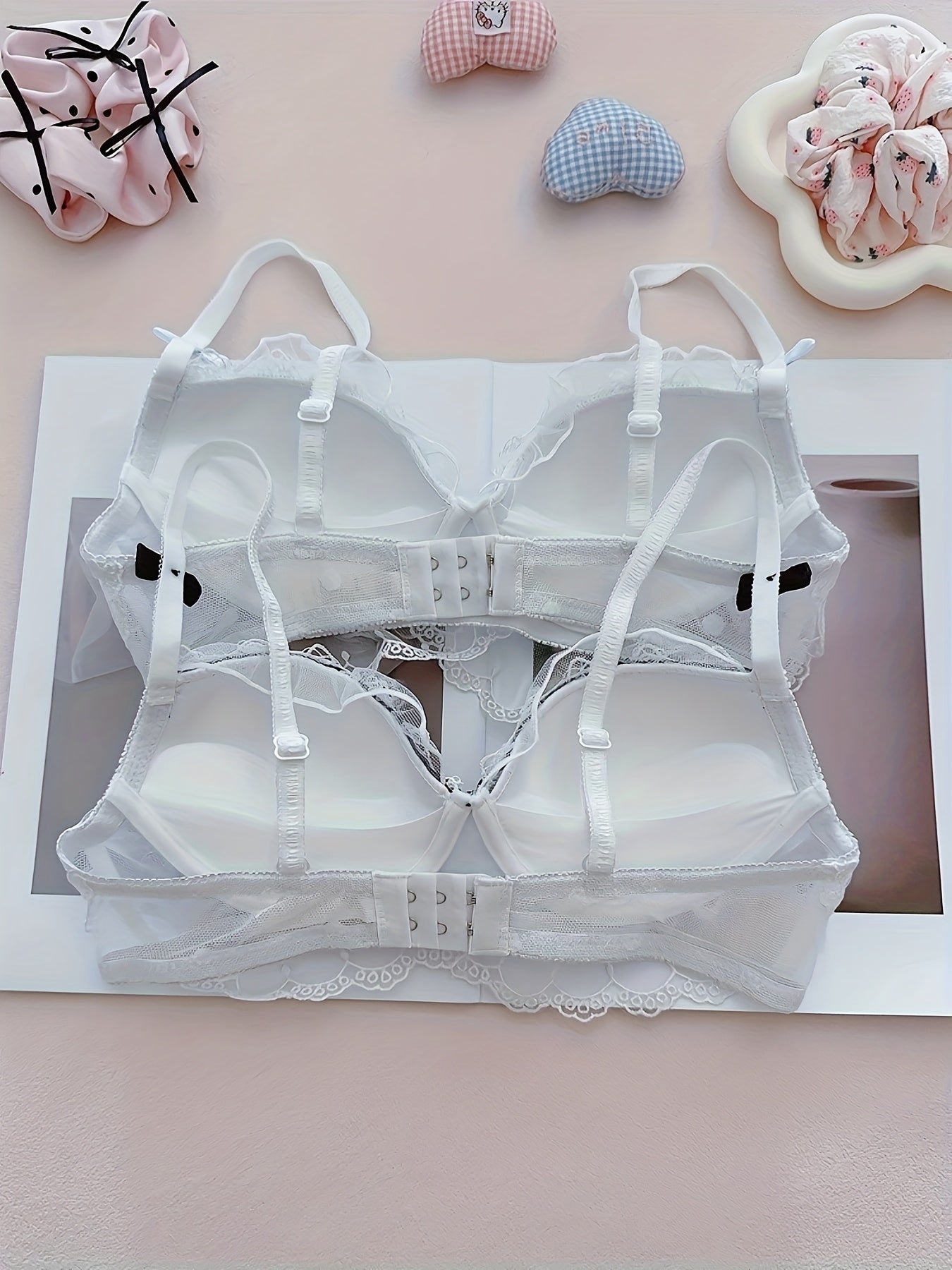 2pcs Pure Desire Contrast Lace Bow Bra for Women, Sexy Mesh Splicing Wire-Free Comfortable Soft Underwear, Bra And Panty Sets for Women, No Underwear Bra Clip Front, Seamless Bras, Sports Bras for Women Padded, Minimiser Bras