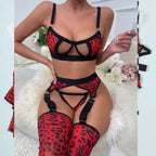 Wild Leopard Print Mesh Hollow-out Sexy Lingerie Four-piece Set with Thigh-high Socks