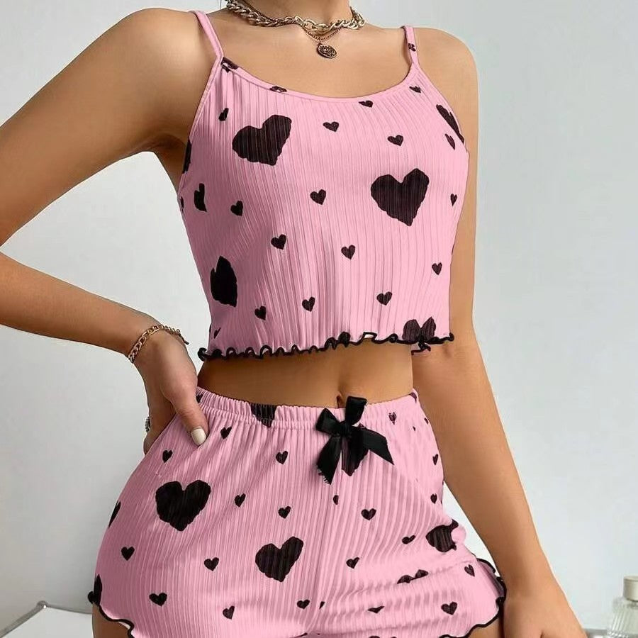 Sexy Lingerie Set with Heart Print Sweet Strap Nightwear Suit