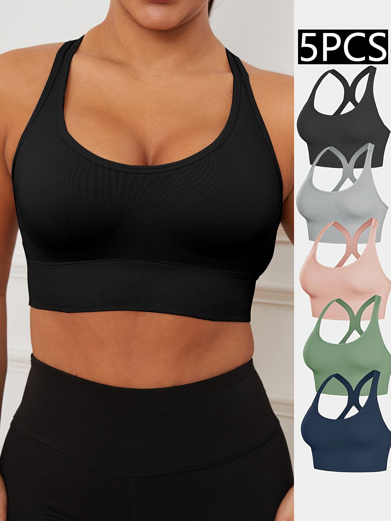 5-Pack Low-Cut Neck Seamless Sports Bras - Comfortable, Breathable, High-Stretch Nylon Fabric, Shockproof, Adjustable Closure - Stylish, Solid Color, Knit Fabric Yoga & Fitness Tank Tops for Womens Gym Wear