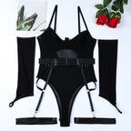 Sexy Lingerie Mesh Strap Splicing with Gloves Suspender Bodysuit Set