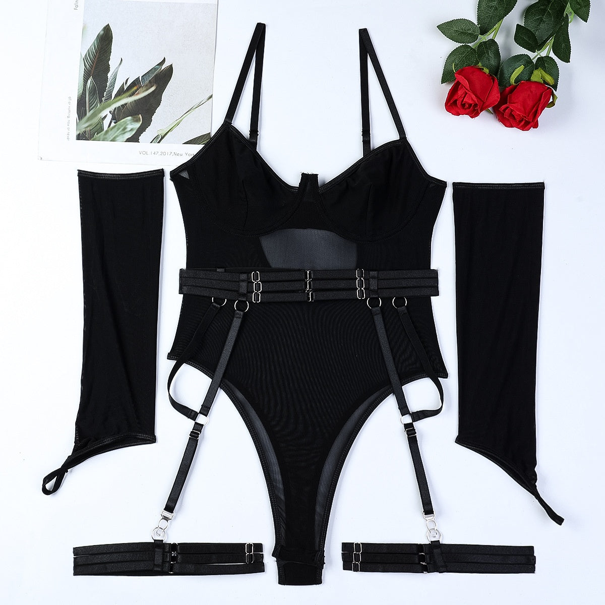 Sexy Lingerie Mesh Strap Splicing with Gloves Suspender Bodysuit Set