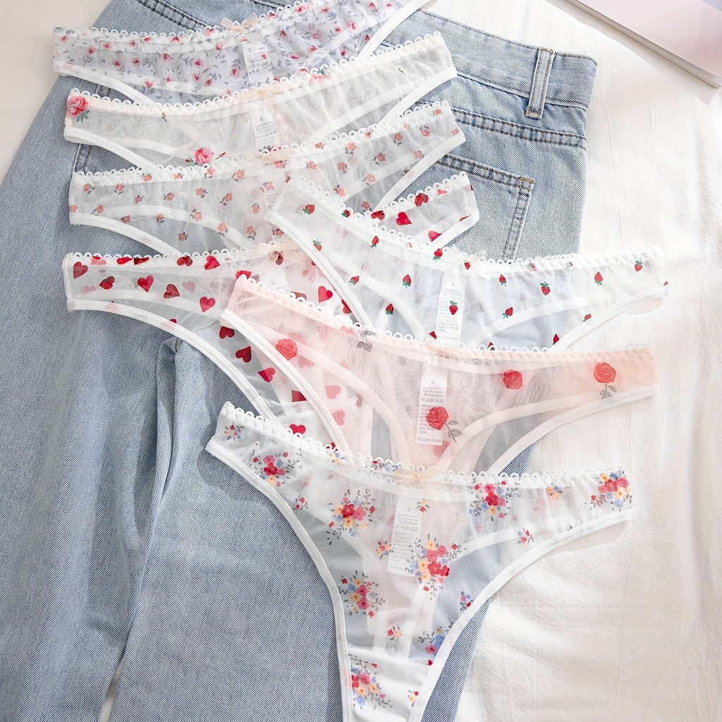 [Floral Print Undergarments] 7-Pack Women's Floral Print undergarments - Soft Semi-Sheer Everyday & Special Occasion Panties, Triangle Cut with Floral Pattern in Pink/Red/White/, Elegant Ladies Underwear for Bras & Outfits, F