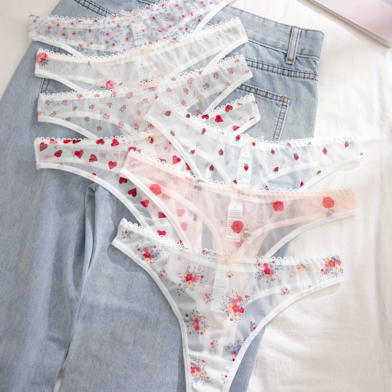 [Floral Print Undergarments] 7-Pack Women's Floral Print undergarments - Soft Semi-Sheer Everyday & Special Occasion Panties, Triangle Cut with Floral Pattern in Pink/Red/White/, Elegant Ladies Underwear for Bras & Outfits, F